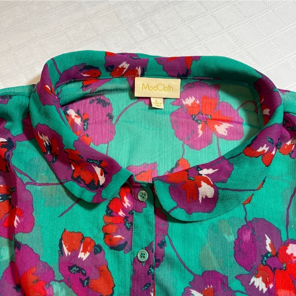 Modcloth Vibrant L Floral Blouse Teal, Purple, Red Peter Pan Collar Cottagecore - Picture 6 of 11